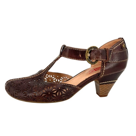 Pikolinos Floral Cutout T-Strap Heels Brown Leather Size 38 EU 7.5-8 US - Picture 1 of 13